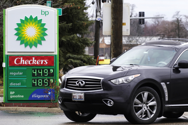 Fuel prices are displayed at a BP gasoline station. 