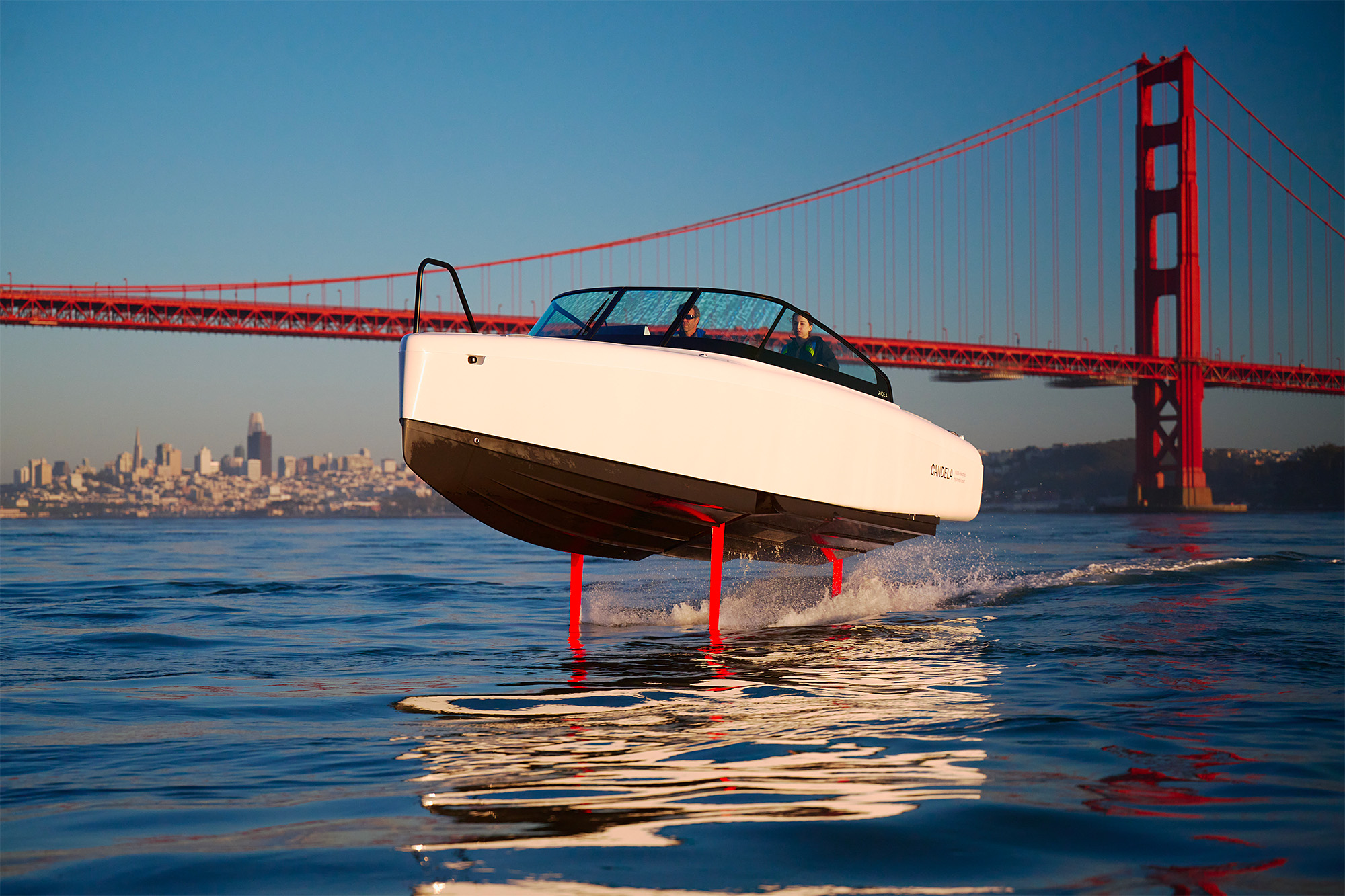 Candela's C-8 motorboat slicing through San Francisco Bay.