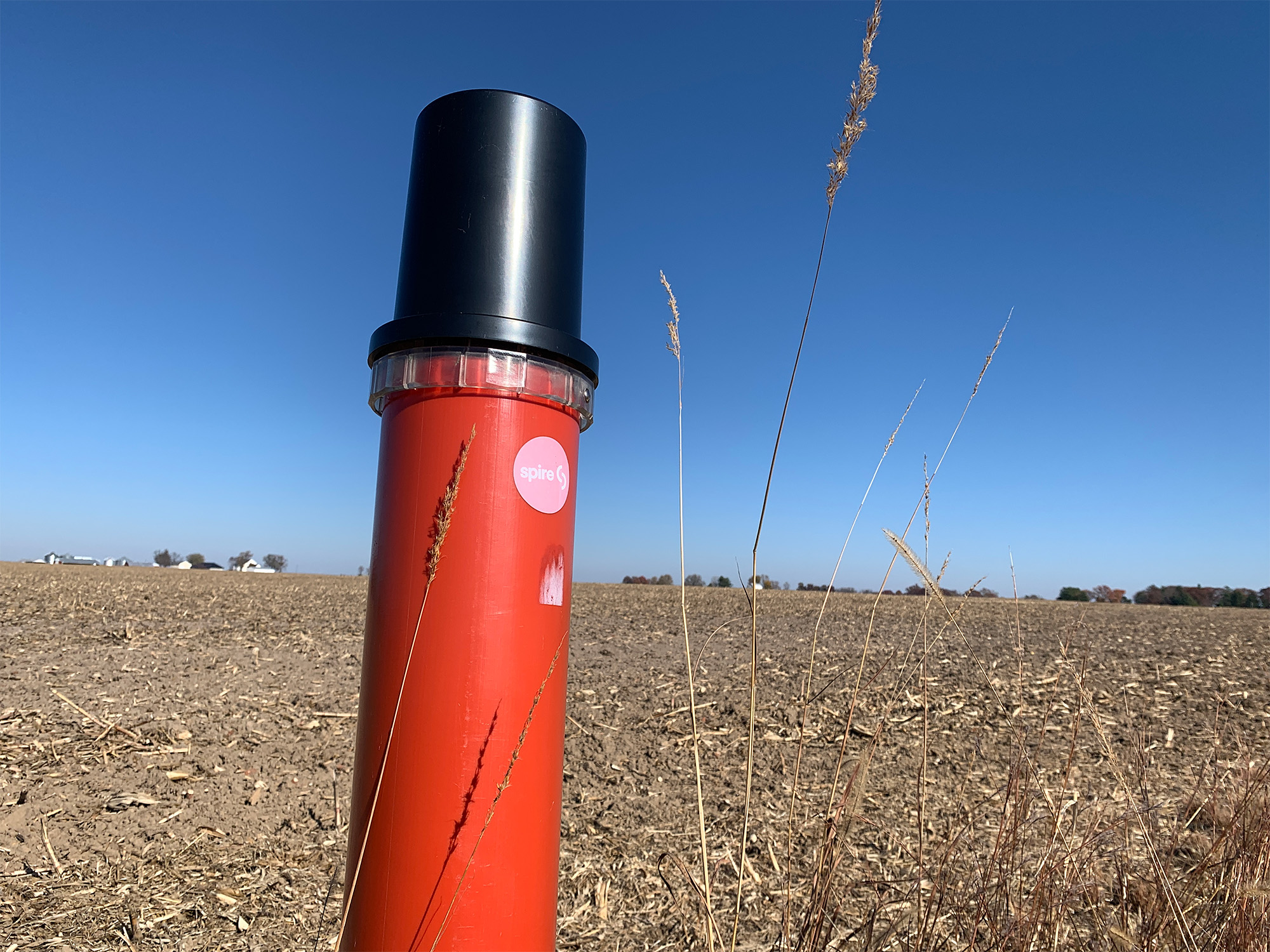 A pole marks the path of the Spire STL gas pipeline near Grafton, Illinois, north of St. Louis.